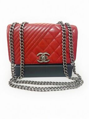 Chanel Red Lamb Skin Leather Small Coco Boy Flap Bag